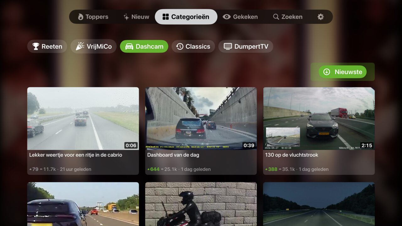 DumpertTV Categorieën tab with category pill filter on Apple TV