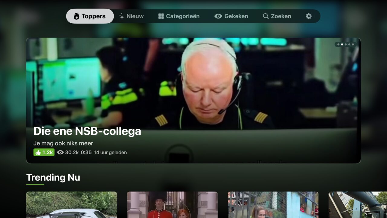 DumpertTV Toppers screen on Apple TV showing trending Dumpert videos