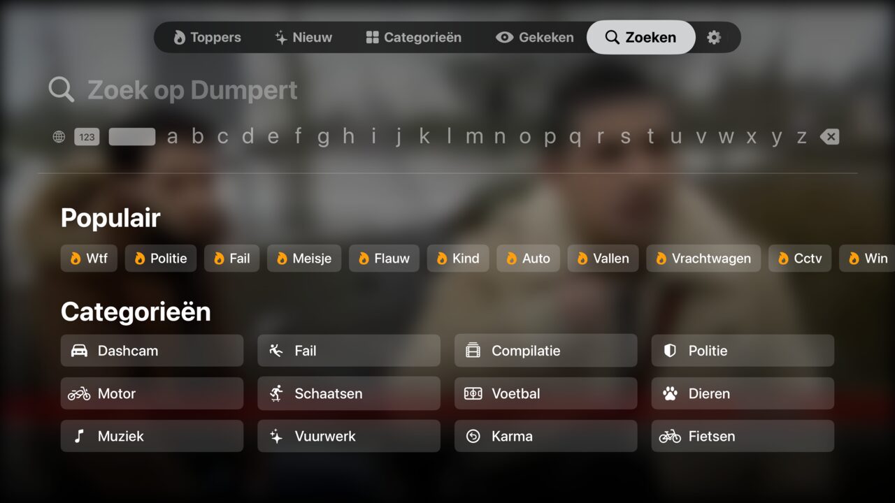 DumpertTV search (Zoeken) screen with filters on tvOS